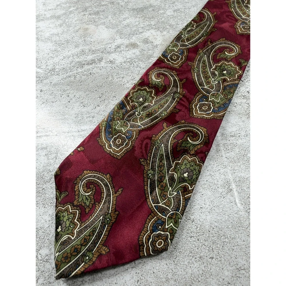 Don Loper Tie Mens One Size Red Pointed Paisley Woven 100% Silk Classic